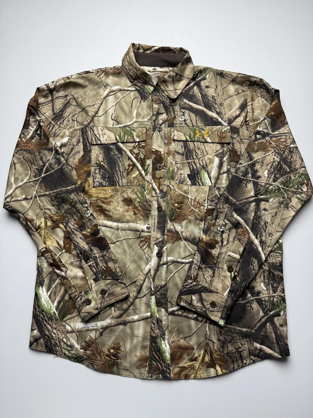 Under Armour Shirt Mens Medium Beige Camo Long Sleeve Button Up Hunting Outdoor